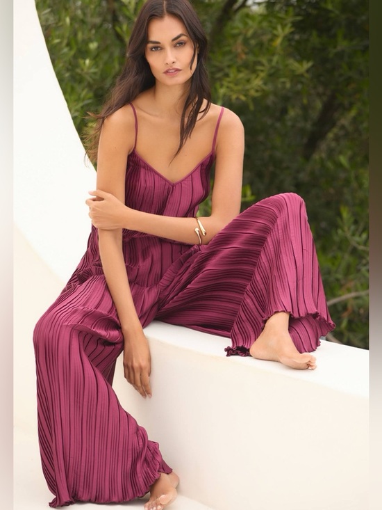 Anthropologie Pants - Anthro Pleated Wine Jumpsuit Wide Leg Strappy Size S NWT